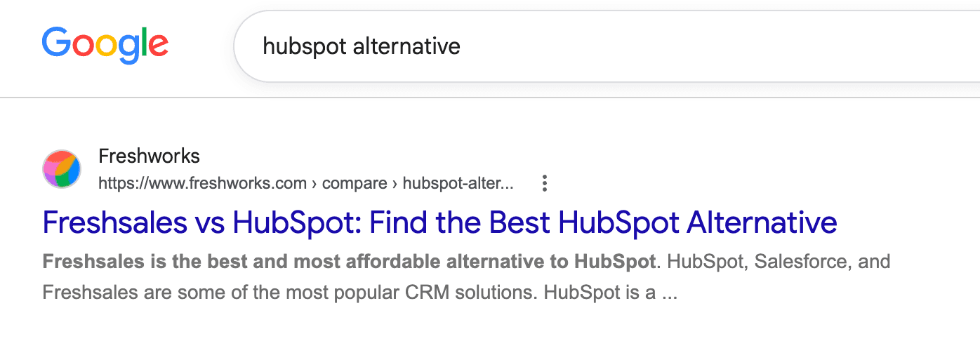 Freshworks Google result for “HubSpot alternative” search intent.