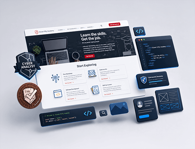 3D isometric mockup of the Eleven Fifty Academy website homepage surrounded by floating UI components, code snippets, and a Cyber Analyst badge