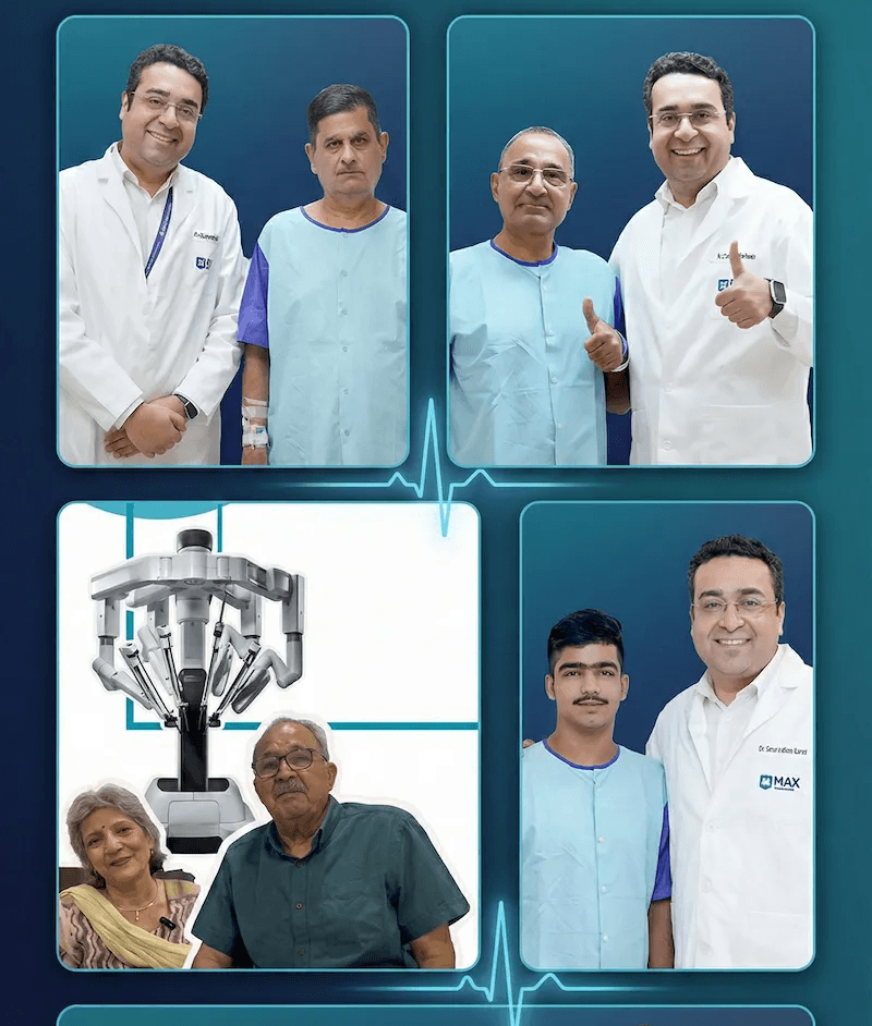 Dr. Tushar Aditya Narain demonstrating robotic surgery at the da Vinci console, surrounded by a group of approximately 20 surgeons and medical professionals during a live surgical training workshop