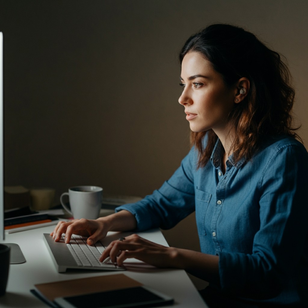 Donna al computer che crea contenuti marketing per aziende