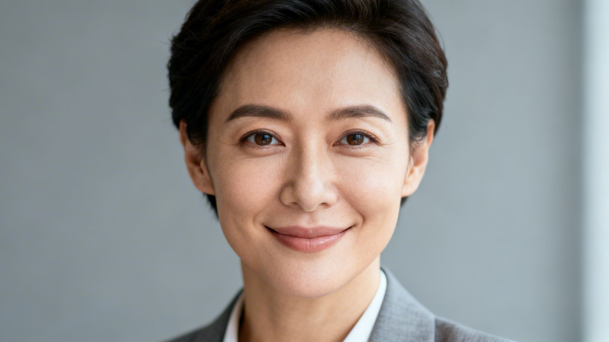 Nahaufnahme einer lächelnden asiatischen Geschäftsfrau mit kurzem Haar und grauem Anzug vor neutralem Hintergrund.