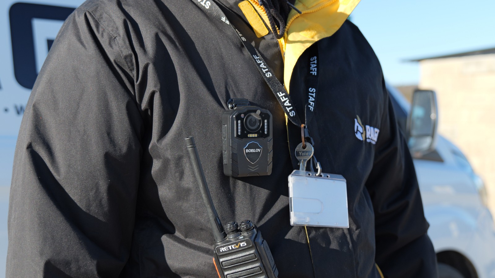 Rage security officer with walkie talkie and bodycam