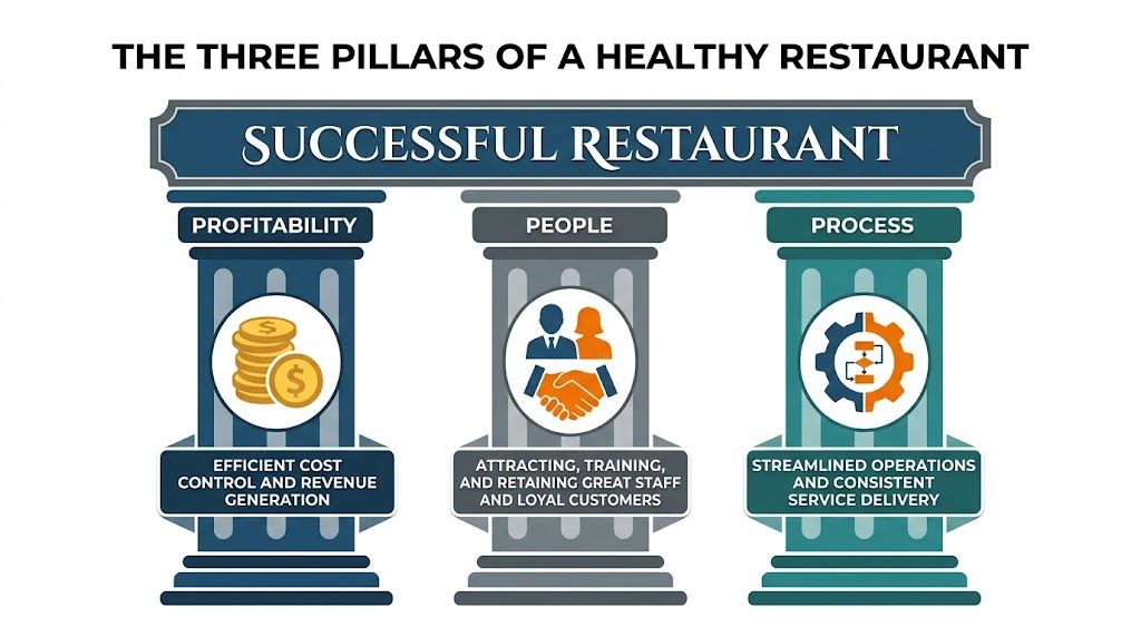 A diagram illustrating the three pillars of a successful restaurant: profitability, people, and efficient operational processes.