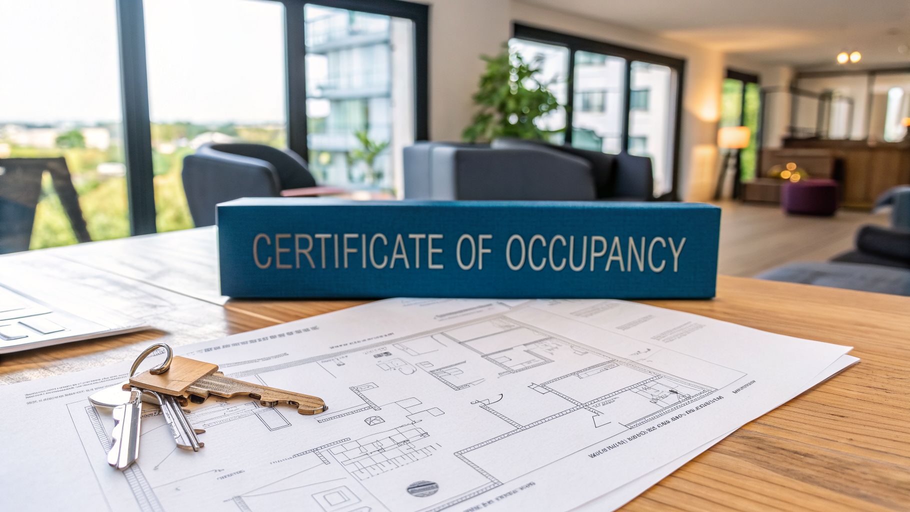 a desk with blueprints and a key