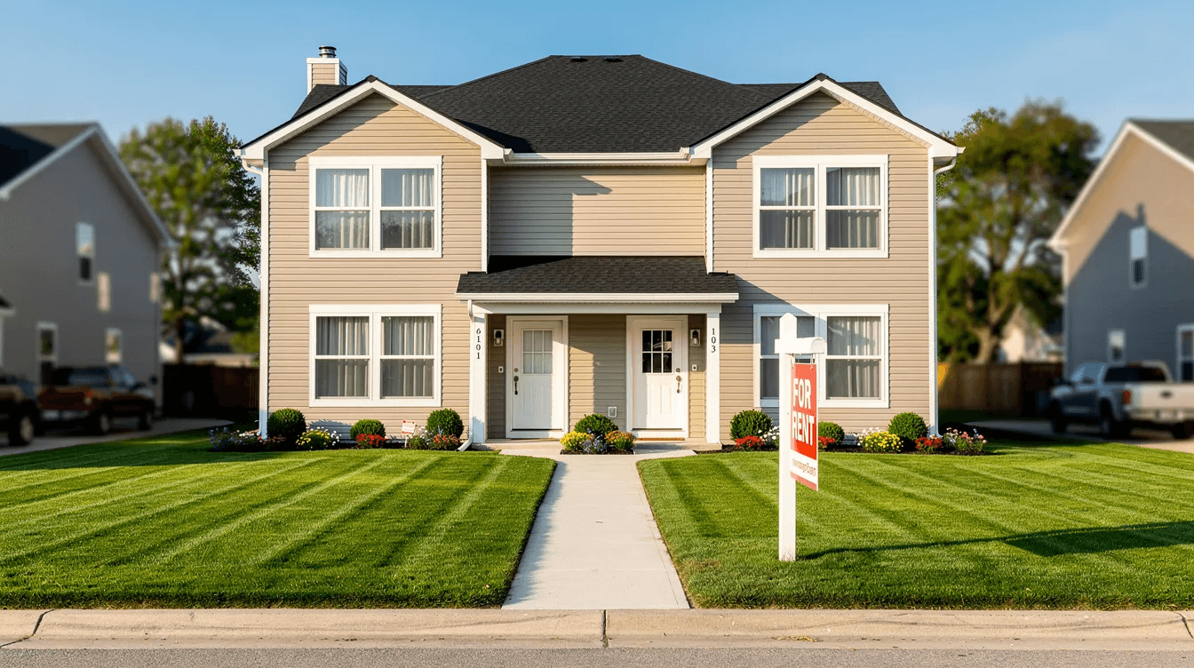 The image depicts a well-maintained duplex with a lush, manicured lawn and a prominent "for-rent" sign in the front yard, indicating it is available for rental property income. This inviting residential rental property showcases potential tax benefits for rental property owners, including possible rental property tax deductions.