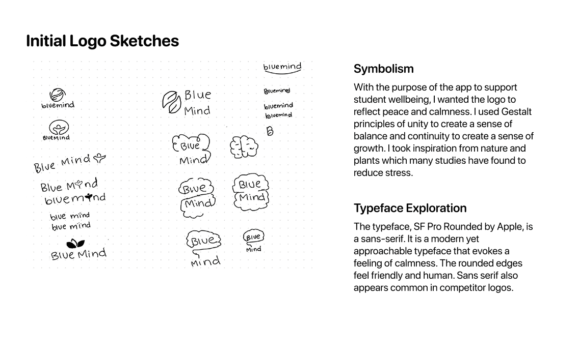 Initial Bluemind logo sketches symbolic of mental health