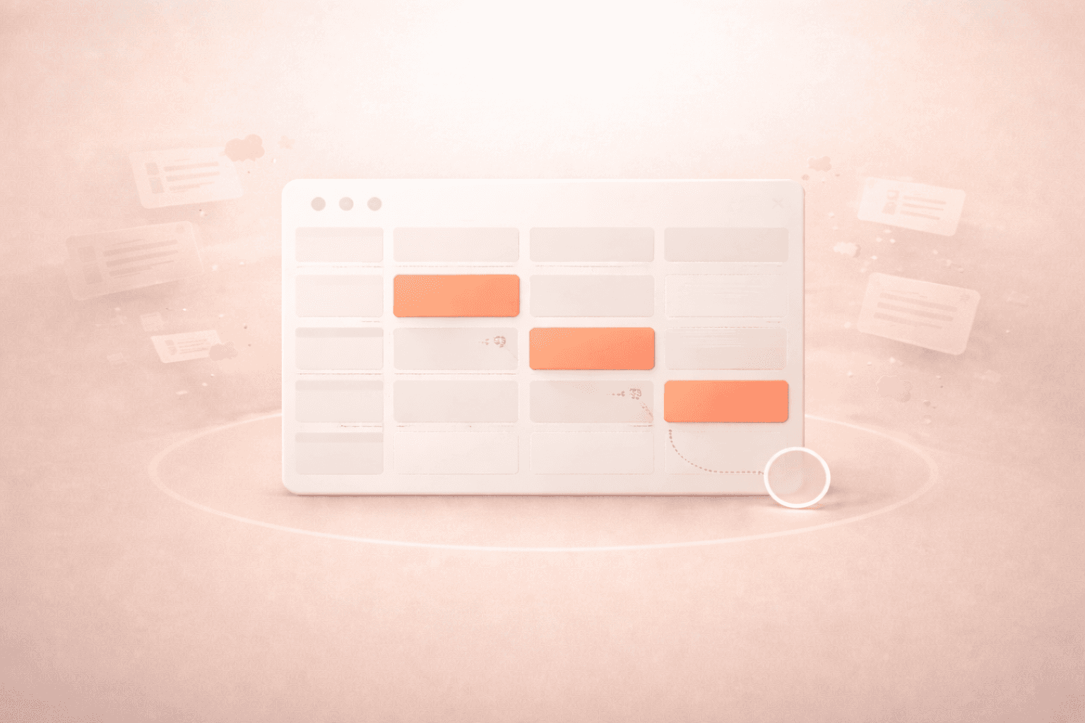 Minimalistische 3D-Illustration auf warmem cremebeigem Hintergrund mit einer schwebenden Kalenderkarte in der Mitte, drei korallorangenen Zeitblöcken, dezenten Pufferabständen und einem kleinen Timer-Ring unten rechts, umgeben von leicht verblassenden Benachrichtigungssymbolen.