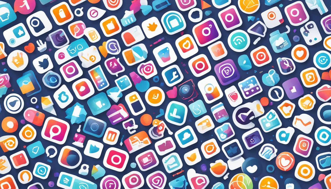 A collage of various colorful icons representing different Instagram analytics tools, arranged randomly to create a visually appealing design. Each icon should be easily recognizable and distinct from one another, with no two looking too similar. The overall tone should be energetic and modern, with a touch of playfulness to reflect how these tools can improve your social media performance.