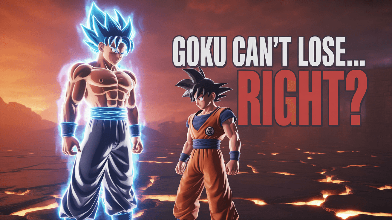 Goku with blue white aura faces smaller fighter over cracked ground and fiery sky with text