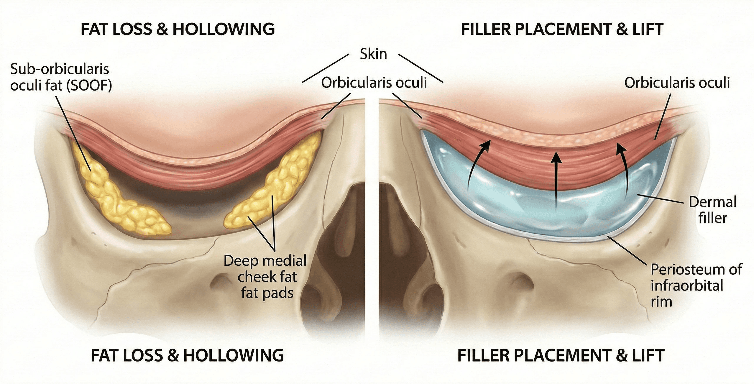 A detailed 3D illustration showing a cross-section of the under-eye area, demonstrating how the loss of fat pads creates a shadow-casting depression and how filler material sits beneath the muscle to lift the surface.