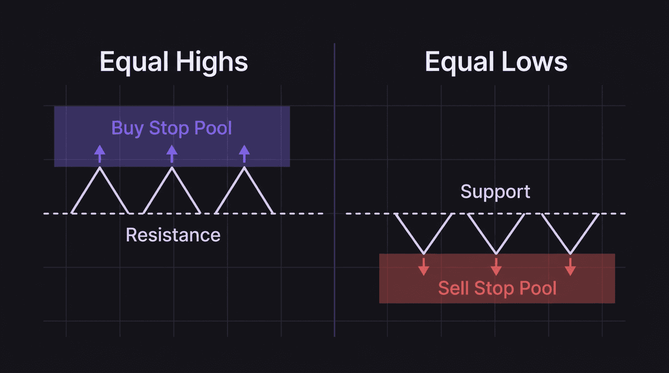 Diagram showing equal highs with buy stop orders stacking above and equal lows with sell stop orders stacking below