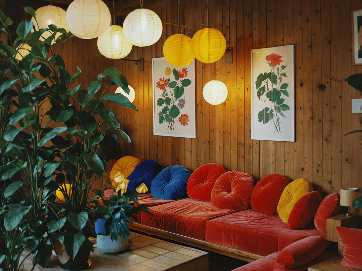 Retro living room with red modular sofa, colorful cushions, wood-paneled walls with botanical prints, yellow and white globe pendant lights, and potted plants