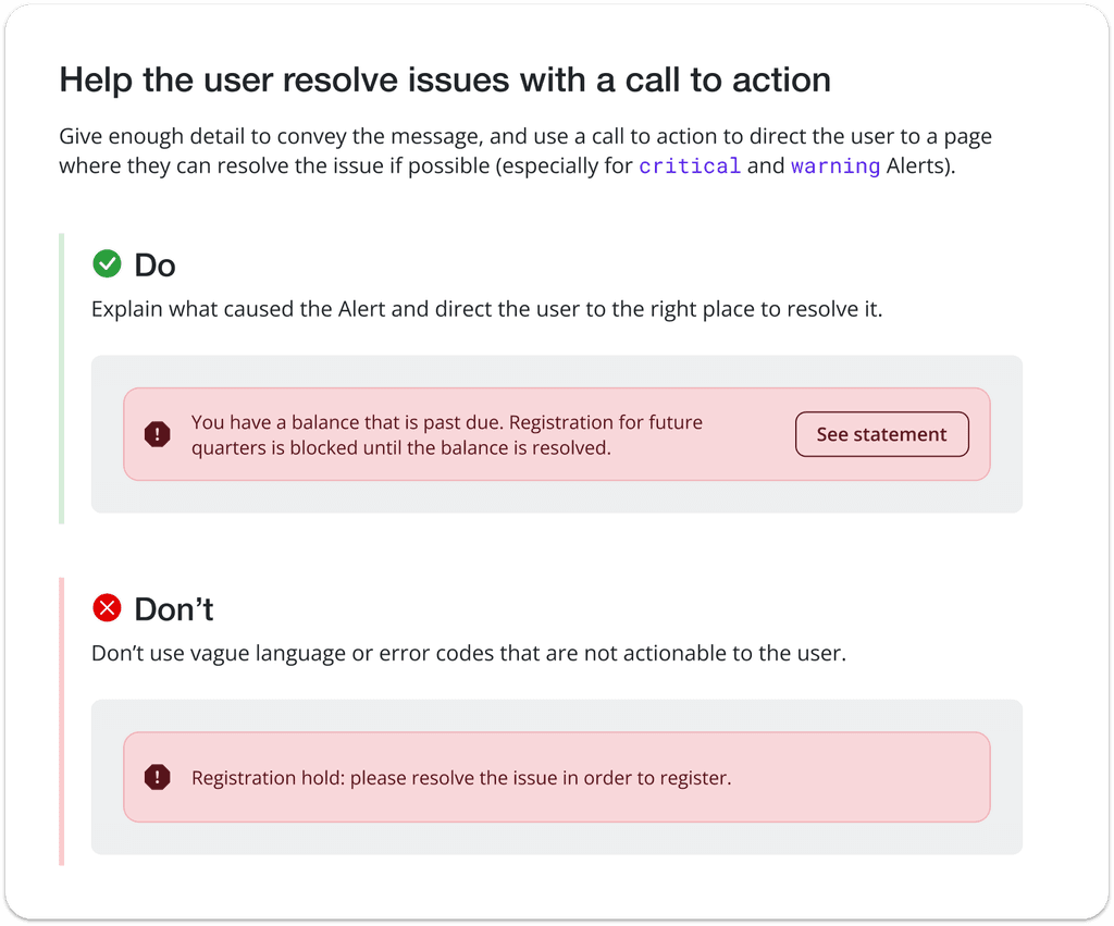 An example "Do" and "Don't" from the Alert documentation including a description and visuals.