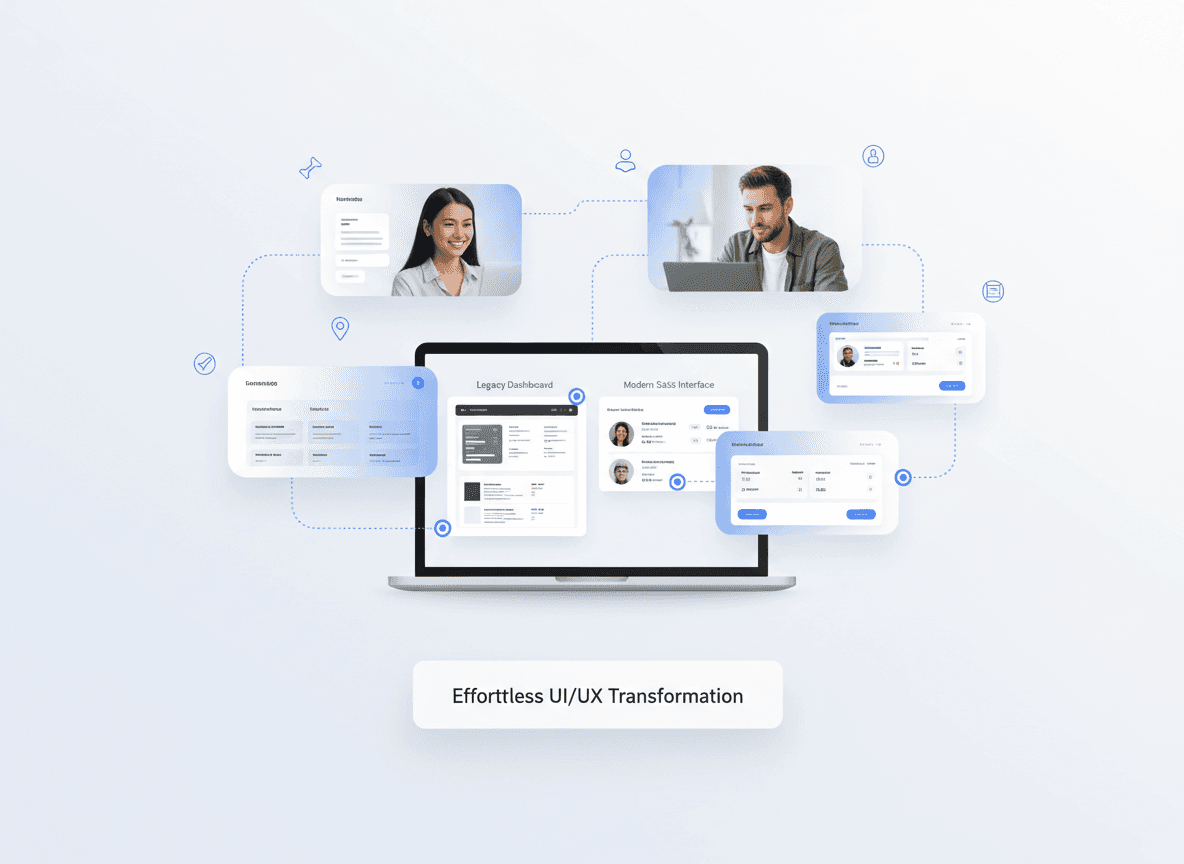 SaaS UI/UX modernization services showing legacy dashboard transforming into a modern high-performance frontend for faster product delivery