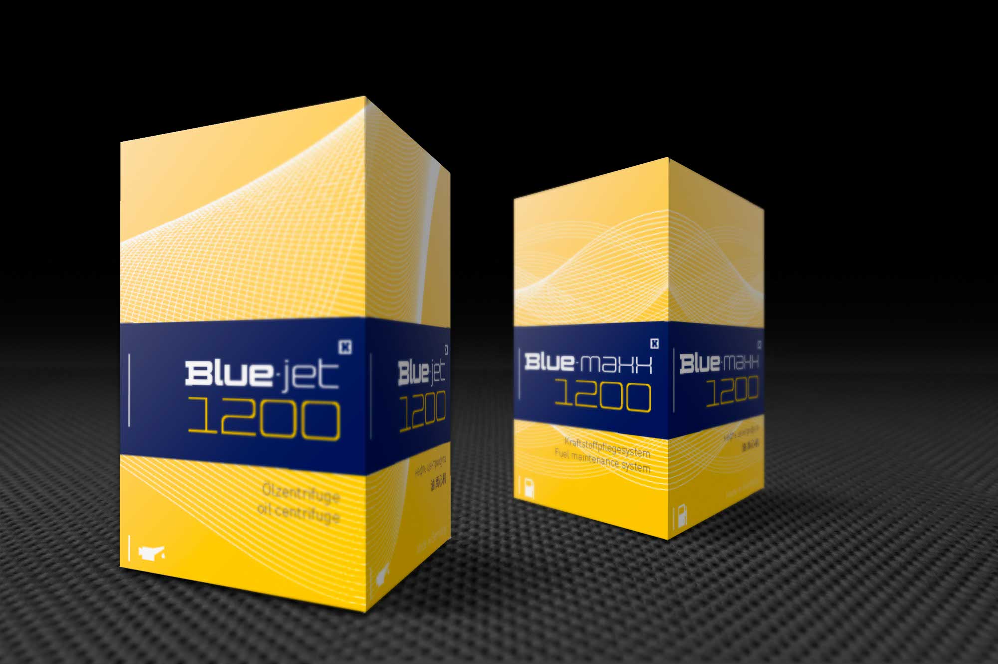 Verpackungsdesign der BLUE·JET Produktlinie – markant im Regal und Versand