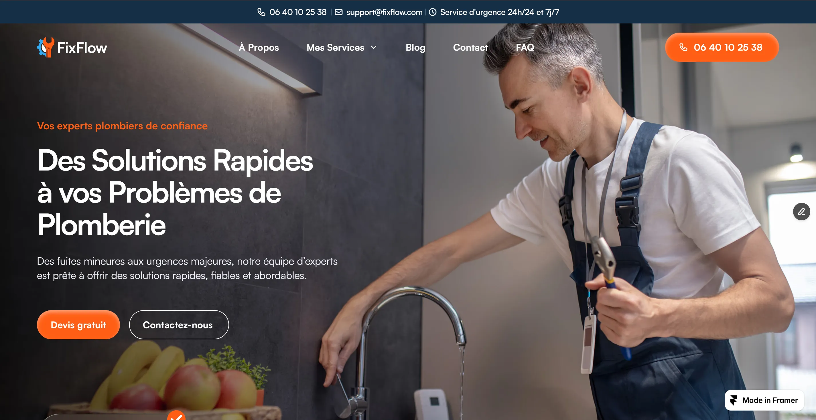 Site web plombier professionnel avec demande de devis et services de dépannage