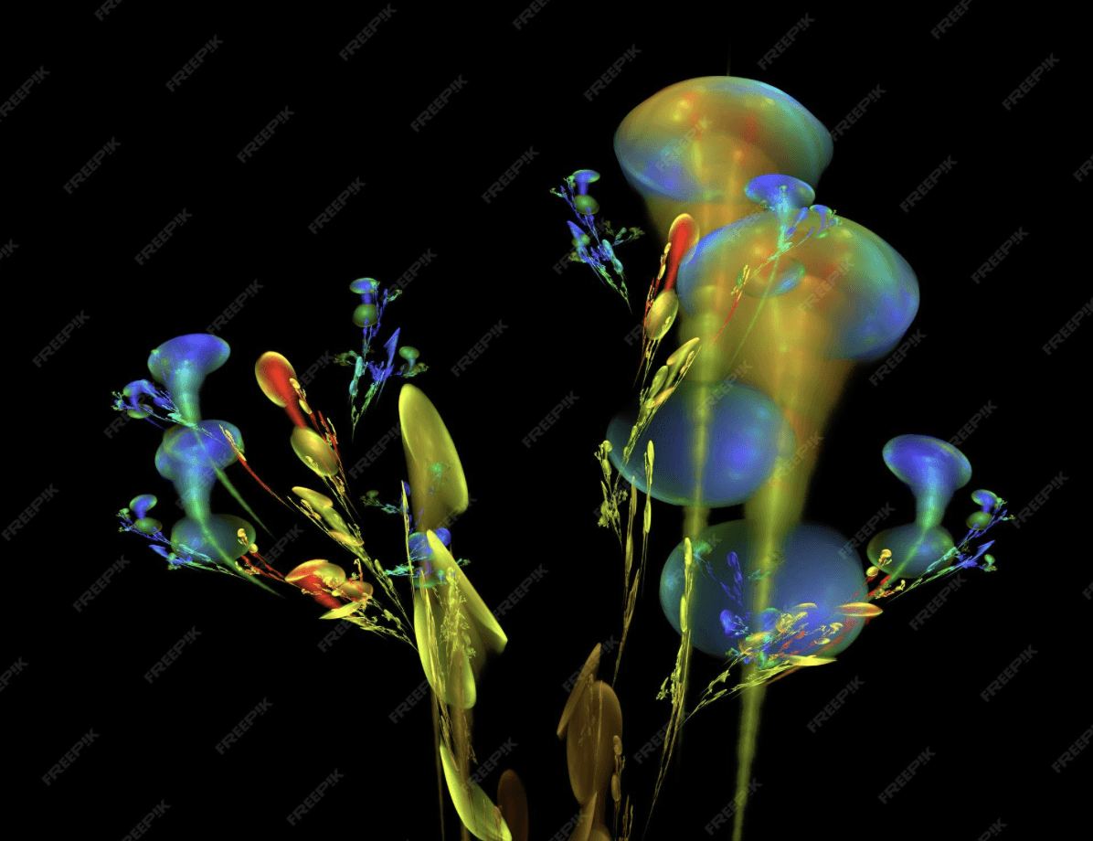 Iridescent, translucent plant-like forms glowing in blue, green, and yellow against a black background.