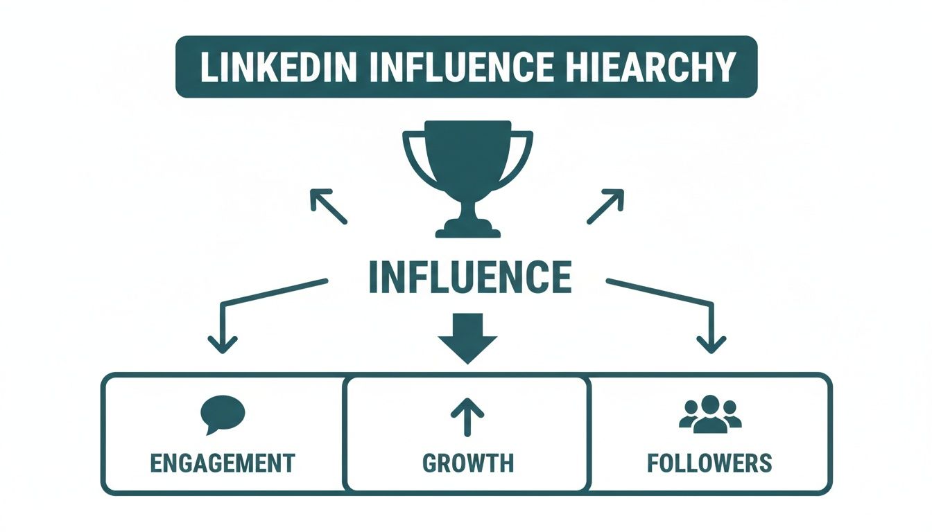 LinkedIn Influence Hierarchy diagram showing Influence at the top, supported by Engagement, Growth, and Followers.