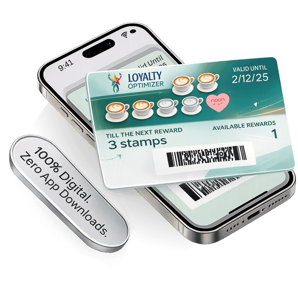Floating Loyalty Optimizer digital stamp card showing coffee stamp progress, valid until 2/12/25, 3 stamps remaining, 1 available reward, and barcode on teal gradient background.
