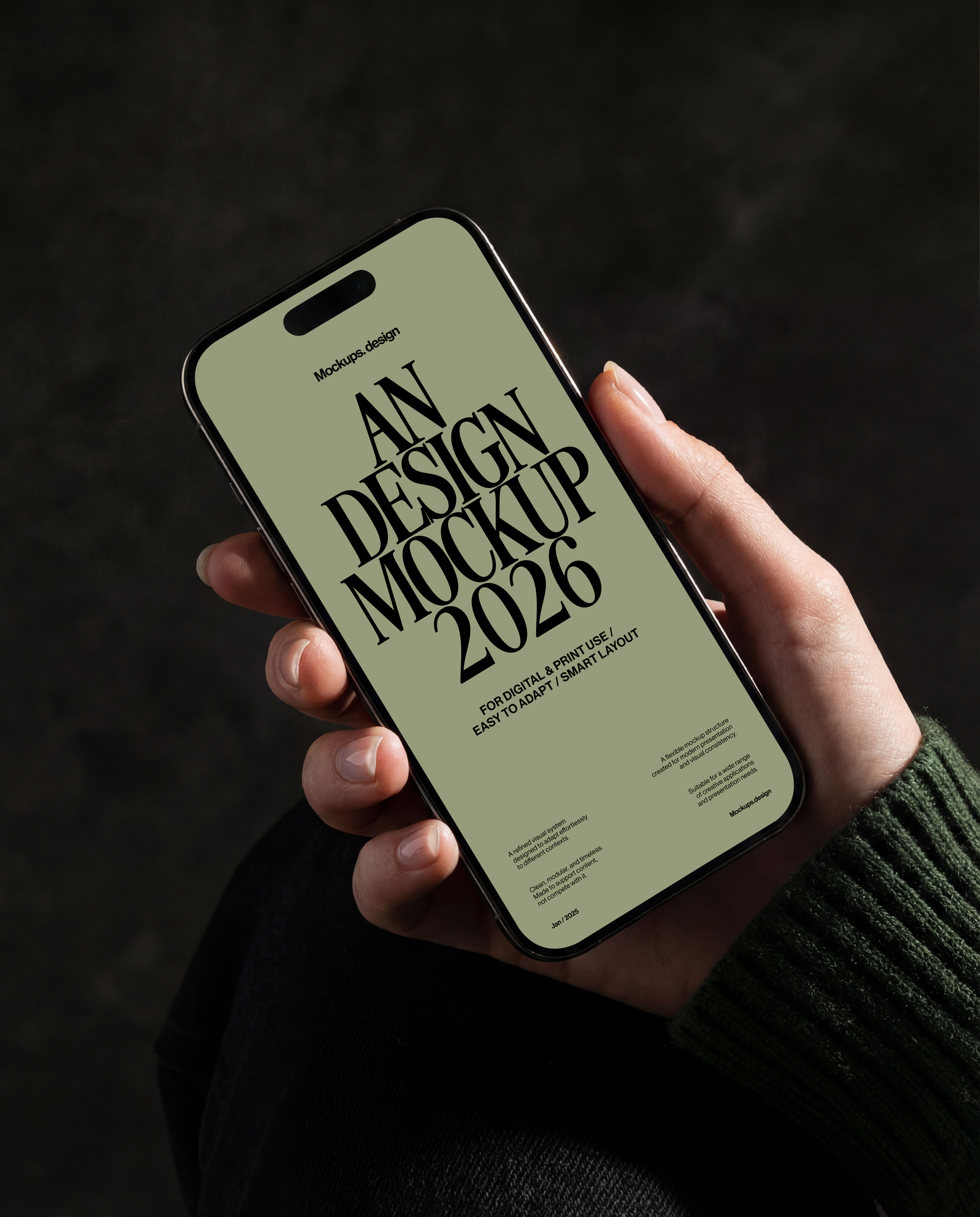 Hand holding iPhone 16 mockup, clean background