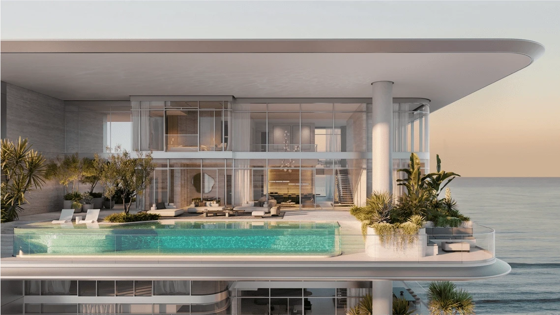 Orla Infinity balcony view, revealing a picturesque skyline and ocean, epitomizing luxury apartment living.
