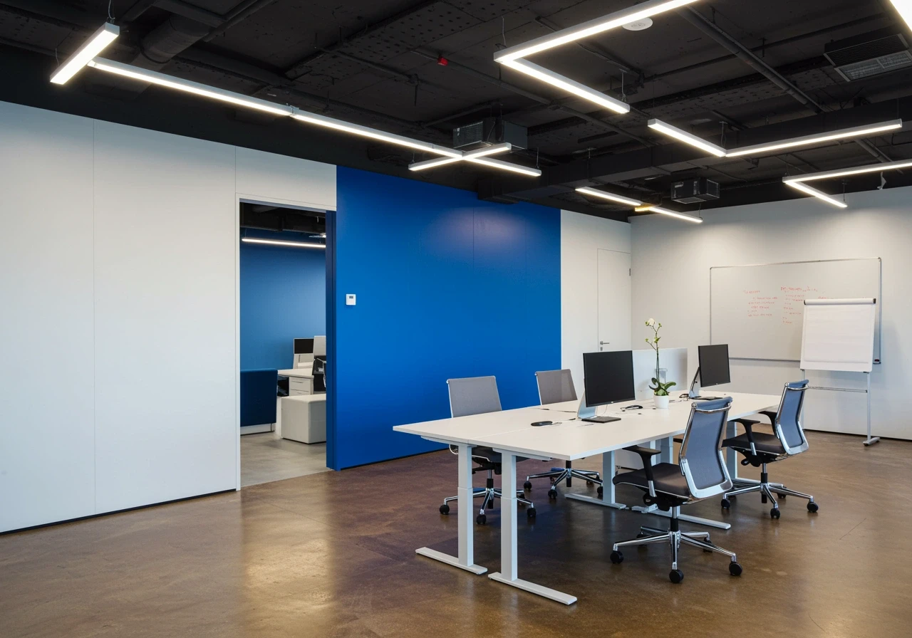 Modern tech office with white walls, branded blue accent wall, and industrial ceiling elements