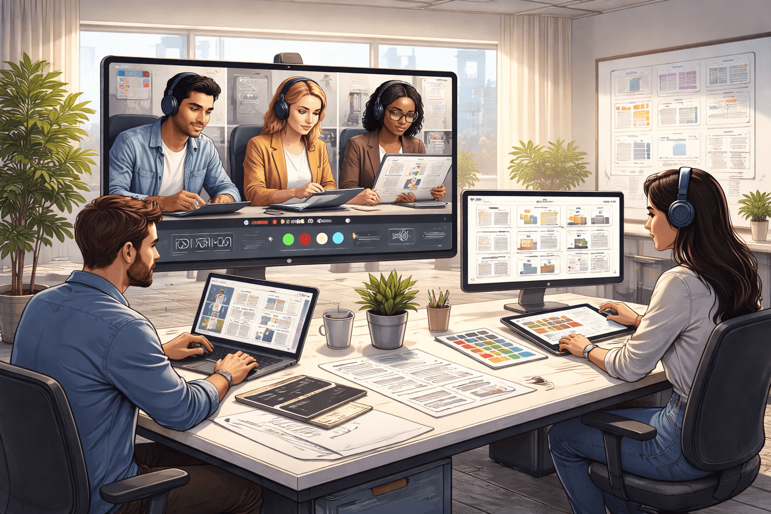 A diverse team collaborates in a modern office, with screens displaying video calls and digital work.