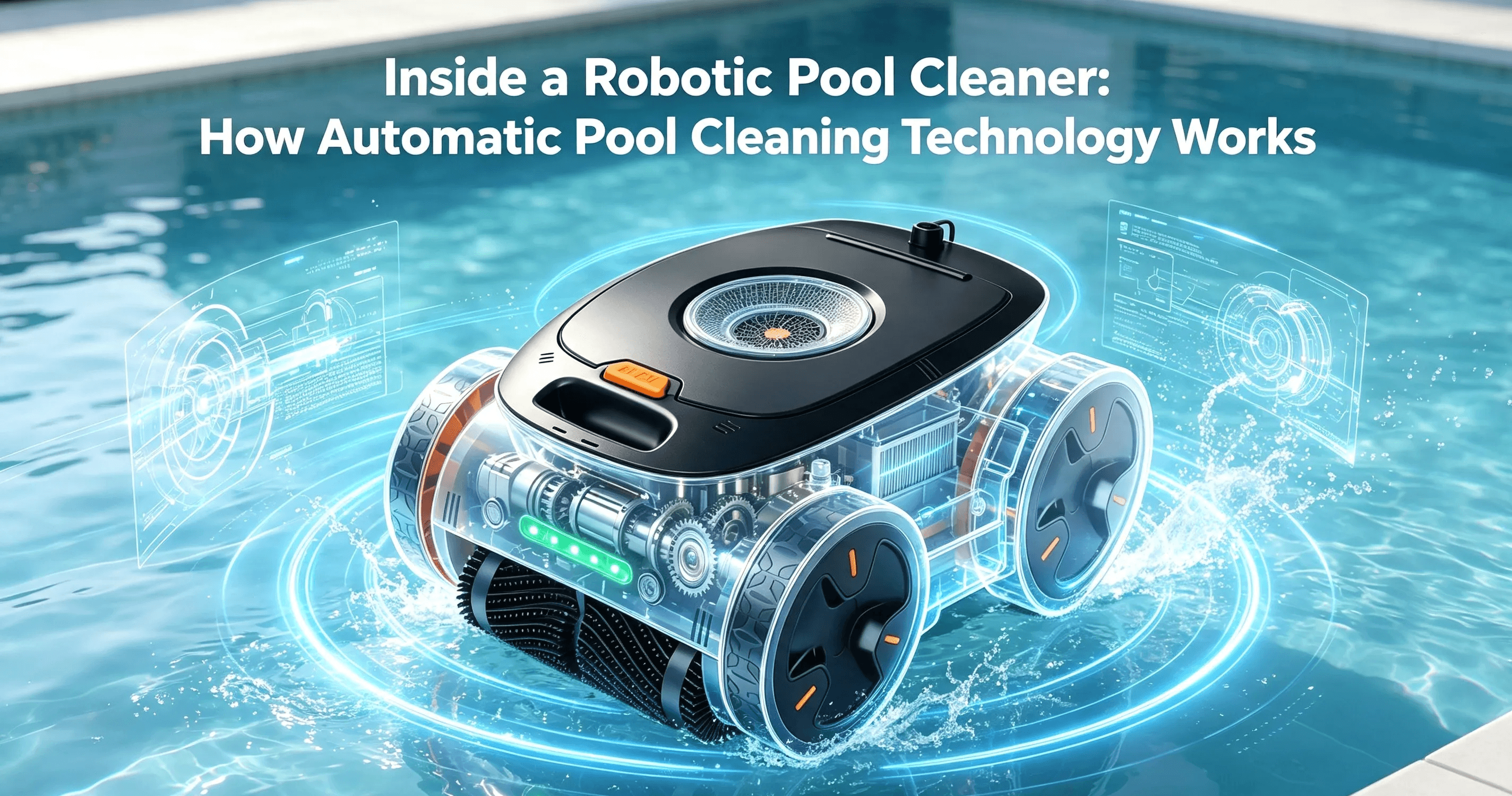 Inside view of robotic pool cleaner technology and components
