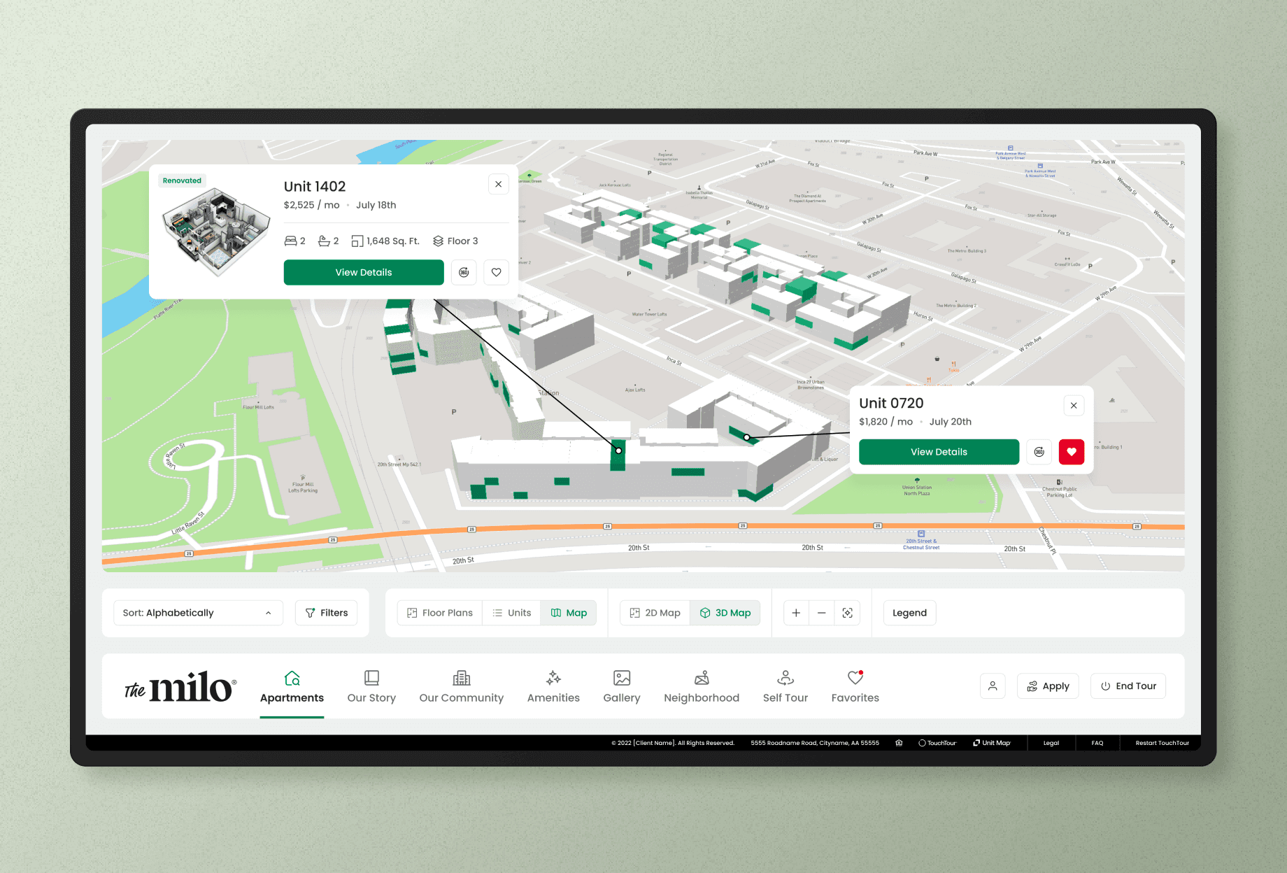 3D map rendering with various units highlighted.