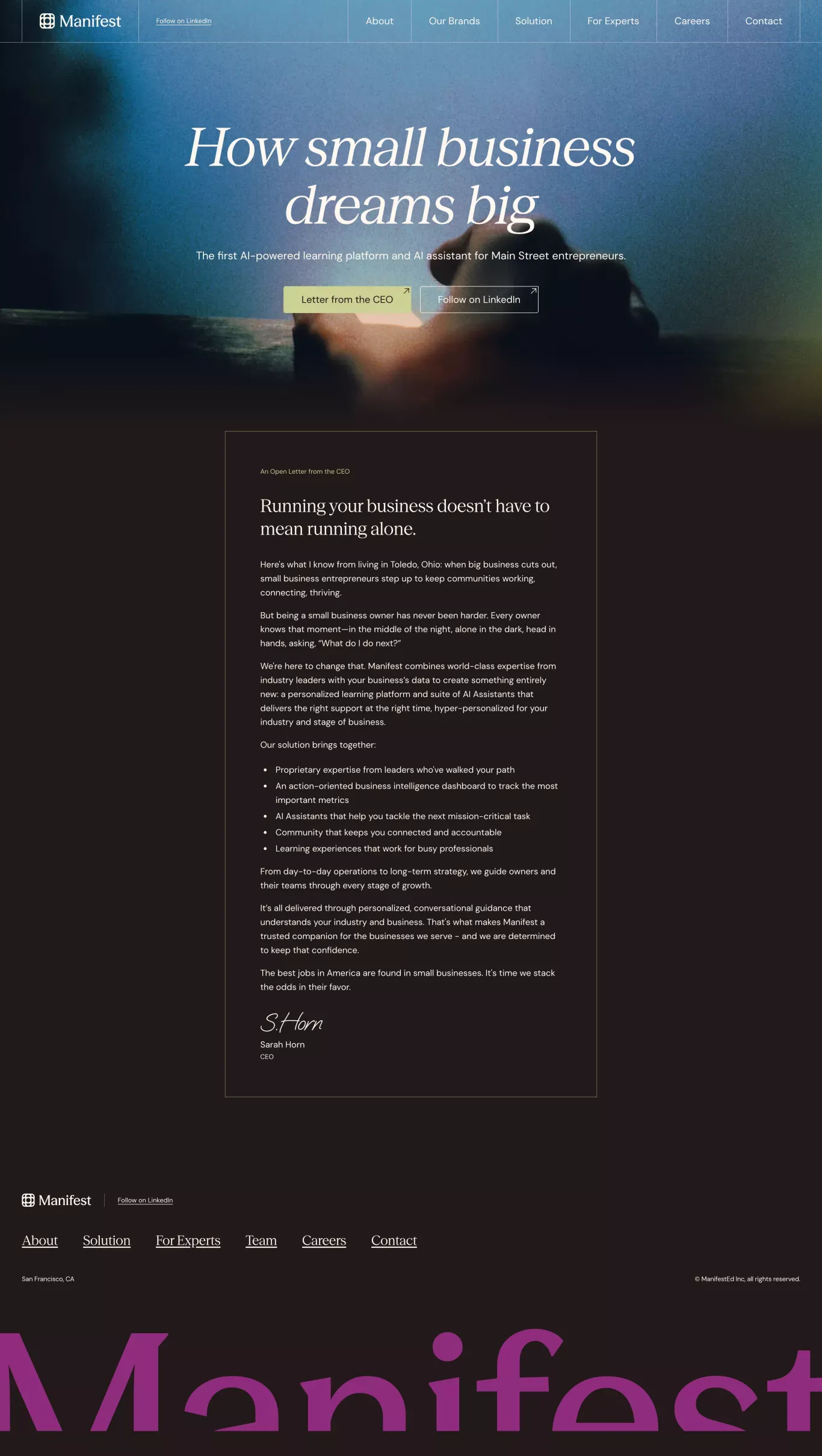 Manifest landing page screenshot showcasing AI and Tech design