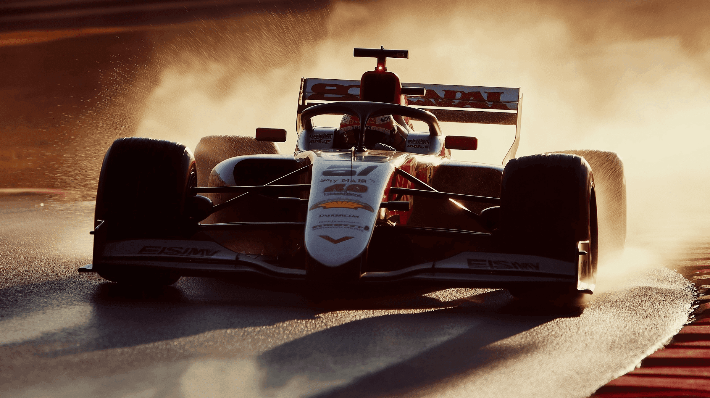 Front view of a race car accelerating through sunlight