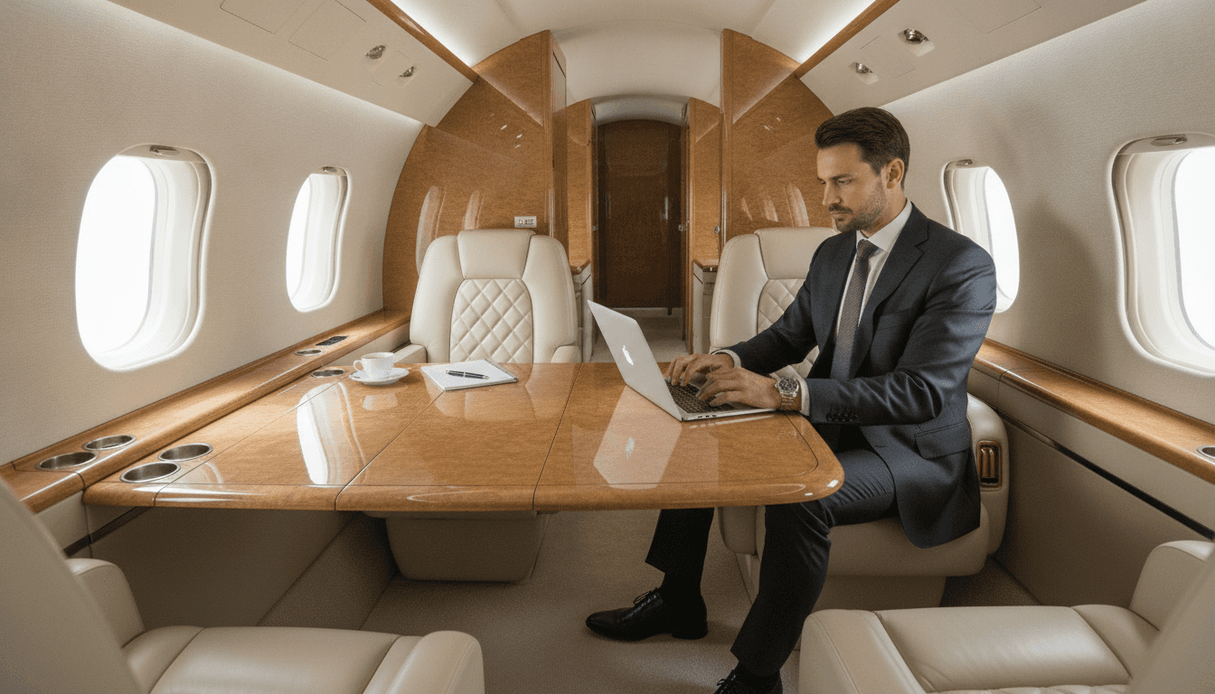 Executive working in a business jet cabin - corporate aviation