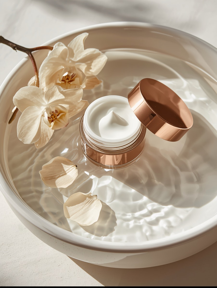 luxury skincare cream jar with flowers on a reflective surface