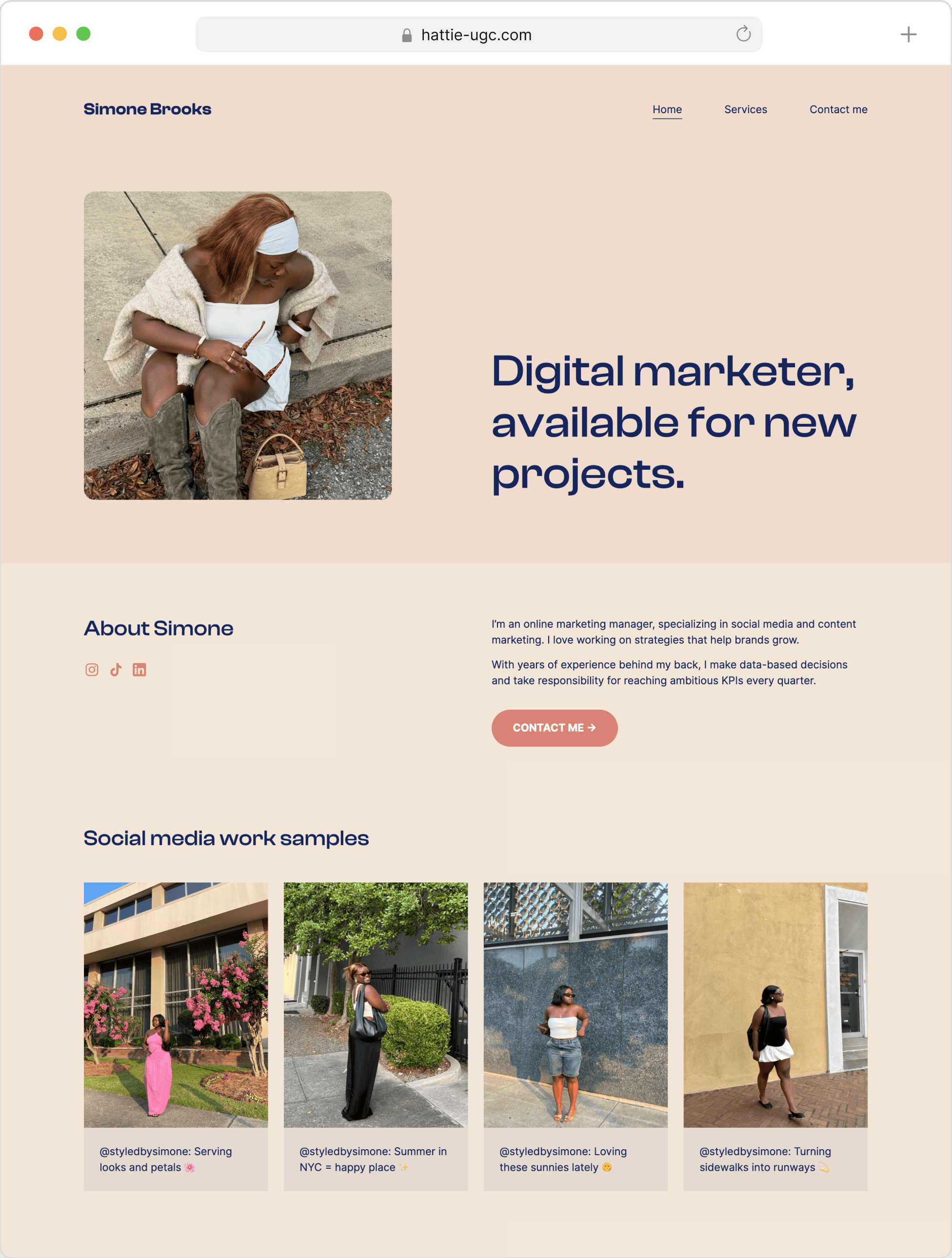 The website and marketing portfolio of Simone Brooks, digital marketer. It features a photo of her next to a tagline, a short introduction section, and her top social media work samples.