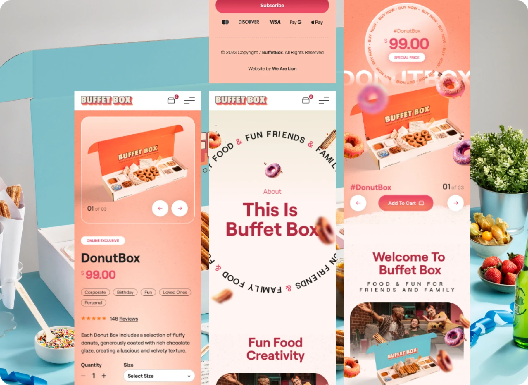 Bright pink Buffet Box app screens showcase a $99 donut box, food photos, order details, and playful “Fun Food Creativity” branding.