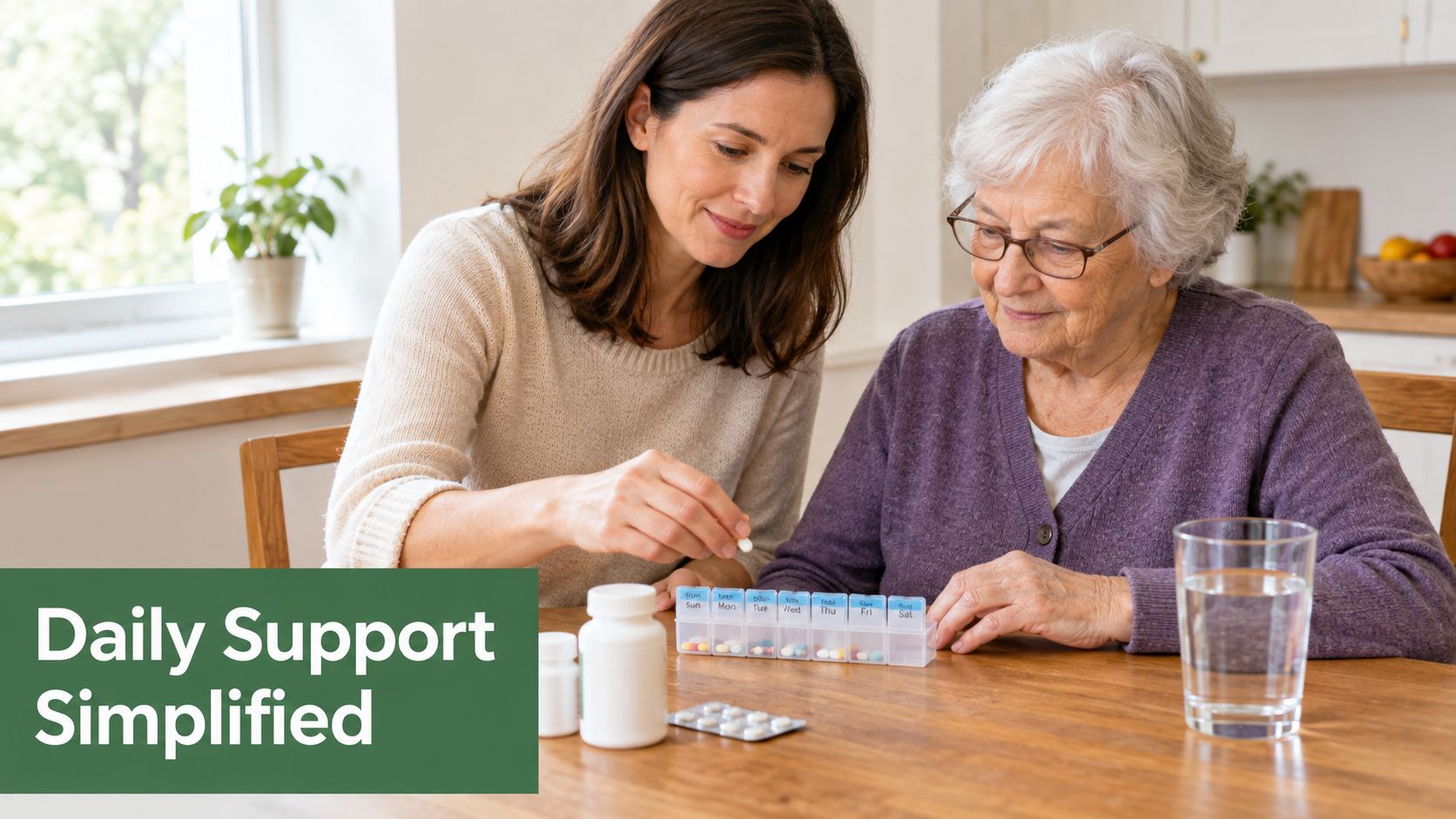 A woman helping her elderly mother organize daily medication using a weekly pill organizer at a table.
