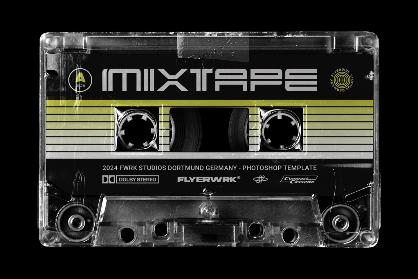 Retro Cassette Tape Mockup displaying a mixtape design with horizontal green stripes and bold typography