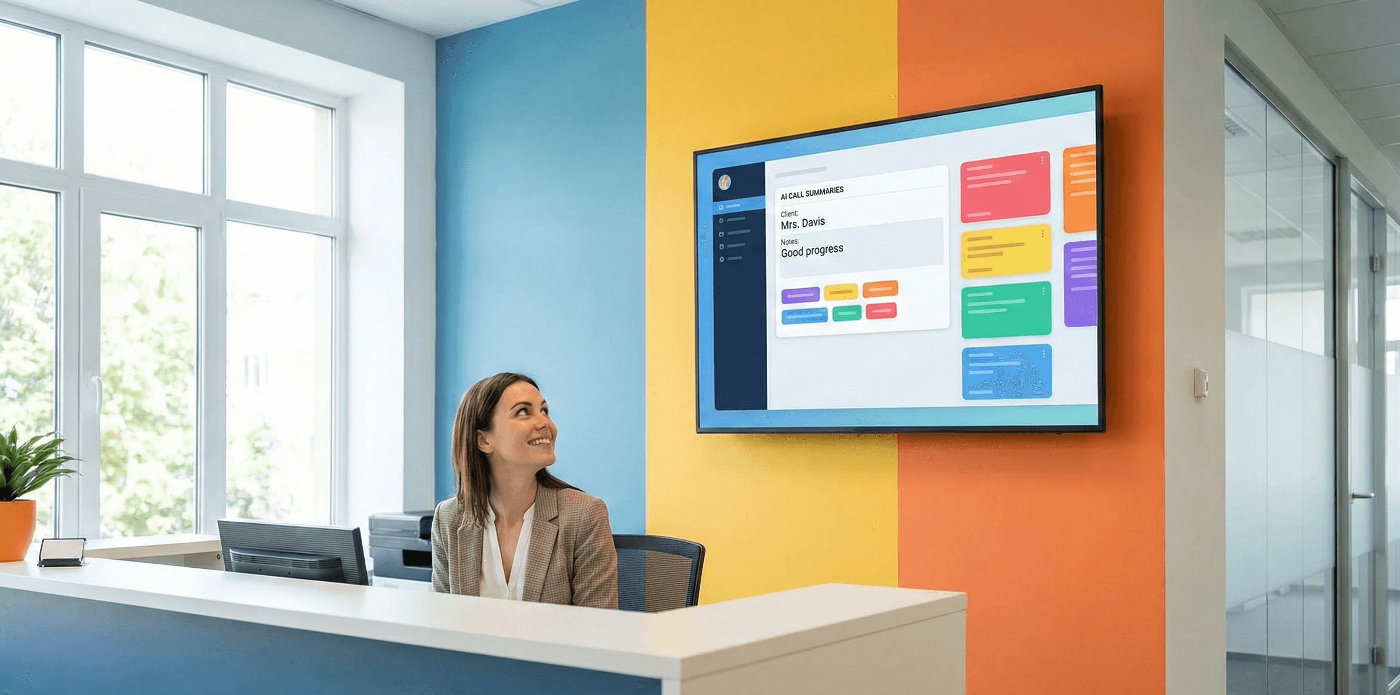 A receptionist at a bright home care agency desk smiles at a large wall-mounted monitor displaying organized, colorful AI call summary cards against a vibrant, multi-colored backdrop.