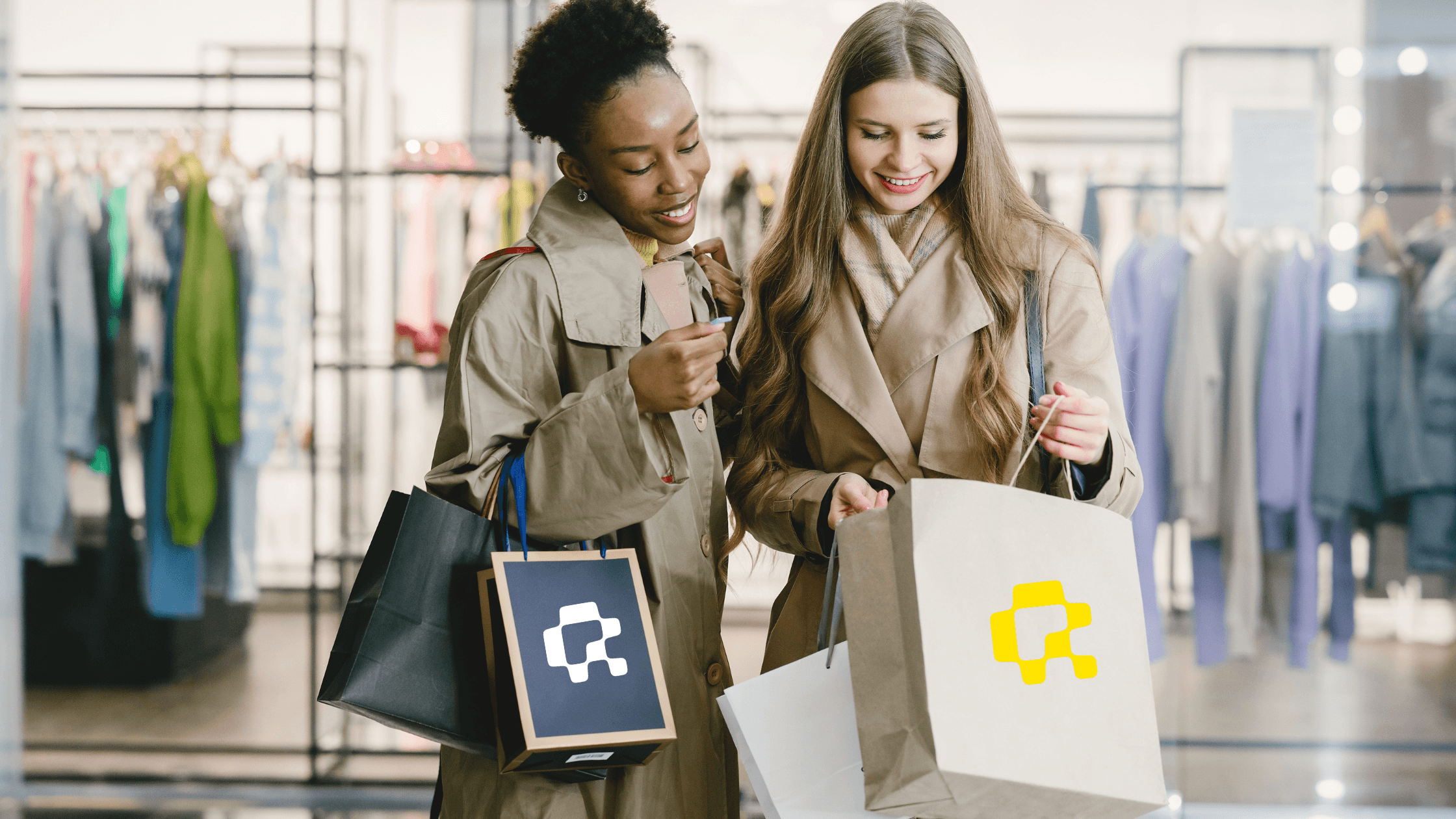 QR Codes for retail promotions | Two women at a shopping mall | QR-codes.com