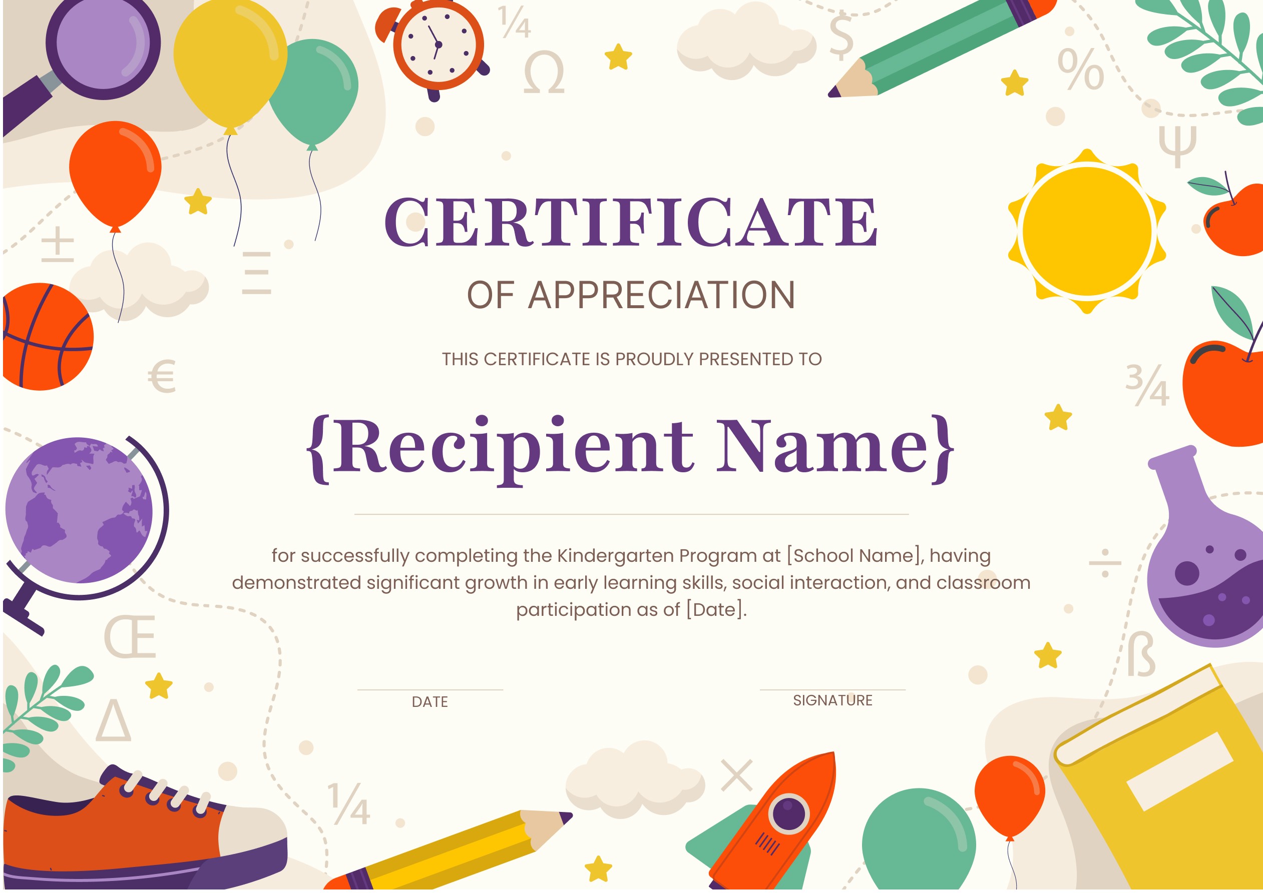 Wauld - Playful and vibrant certificate of appreciation for kindergarten