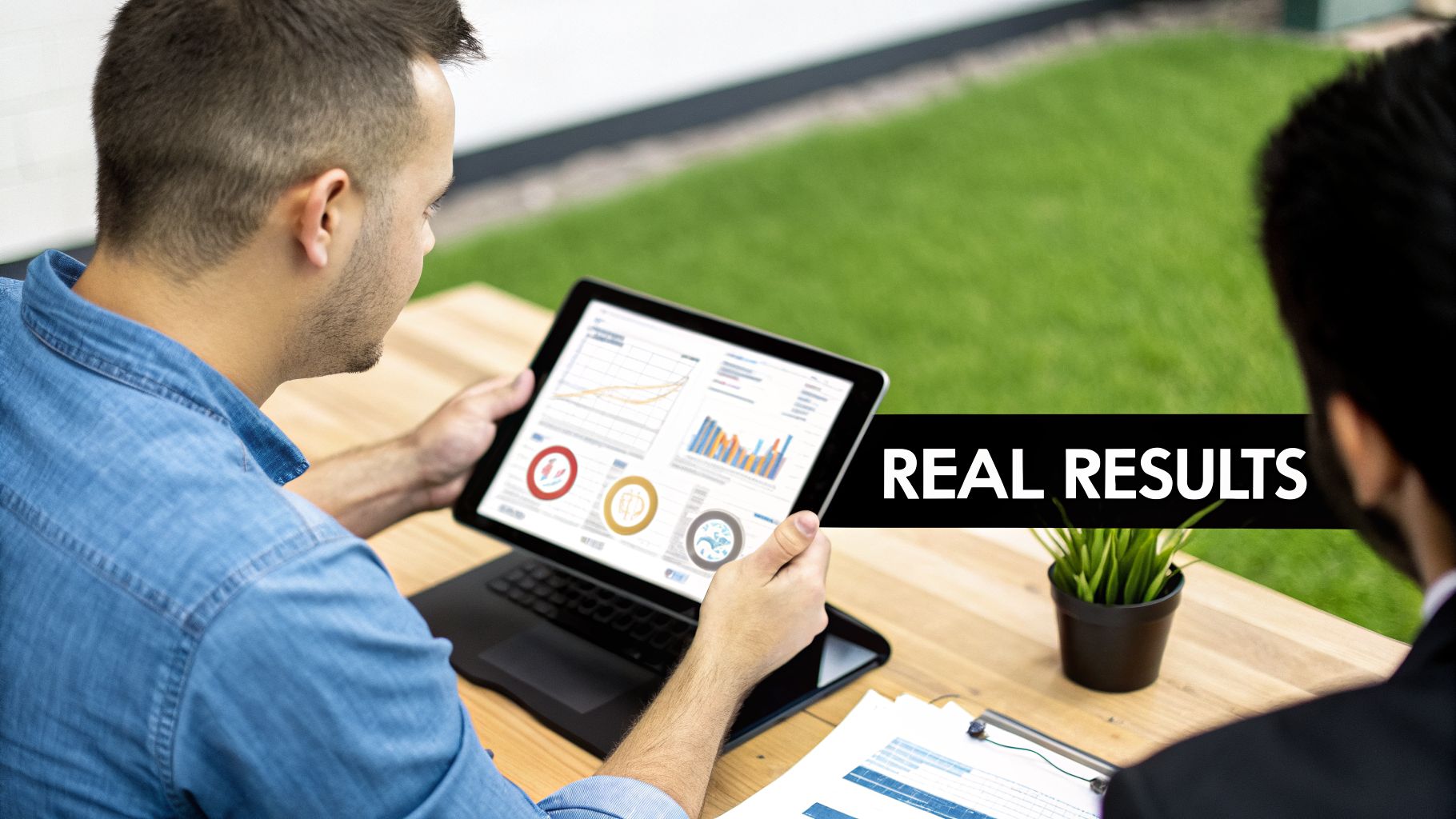 Man in denim shirt analyzing business charts on a tablet with