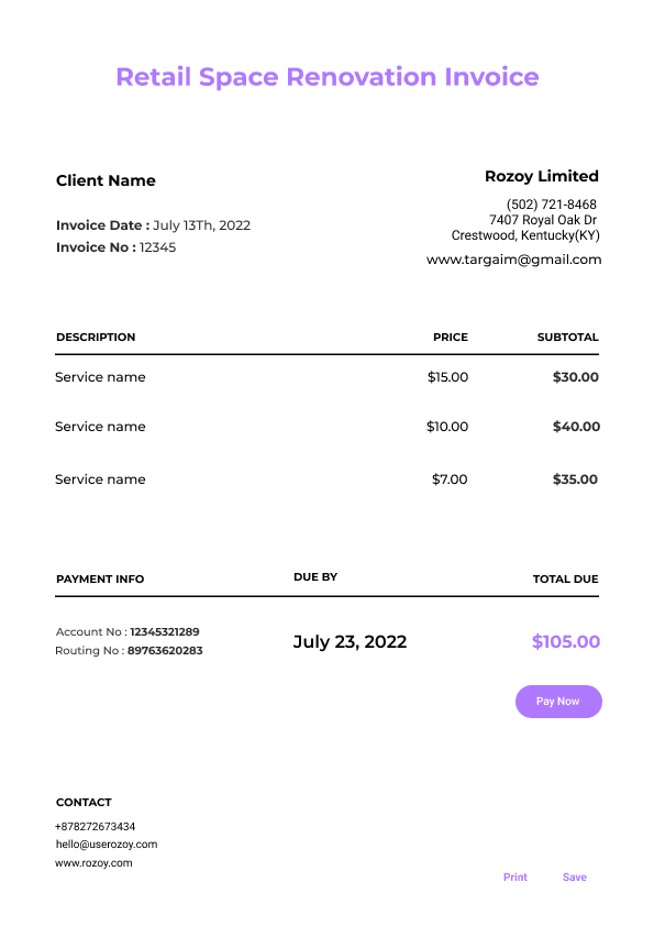 Retail Space Renovation Invoice