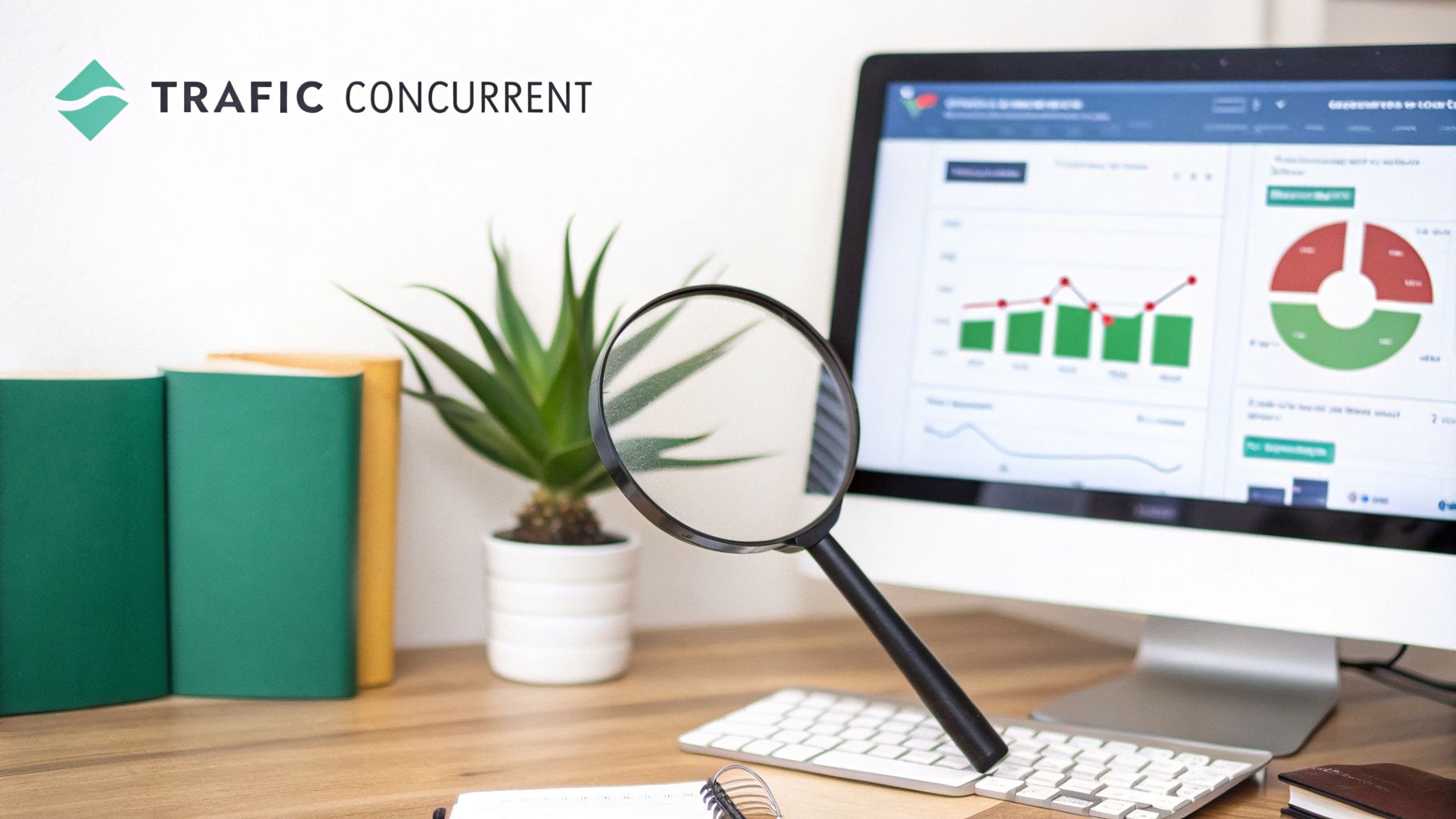 Ordinateur affichant des analyses de trafic web, une loupe et des livres sur un bureau en bois.