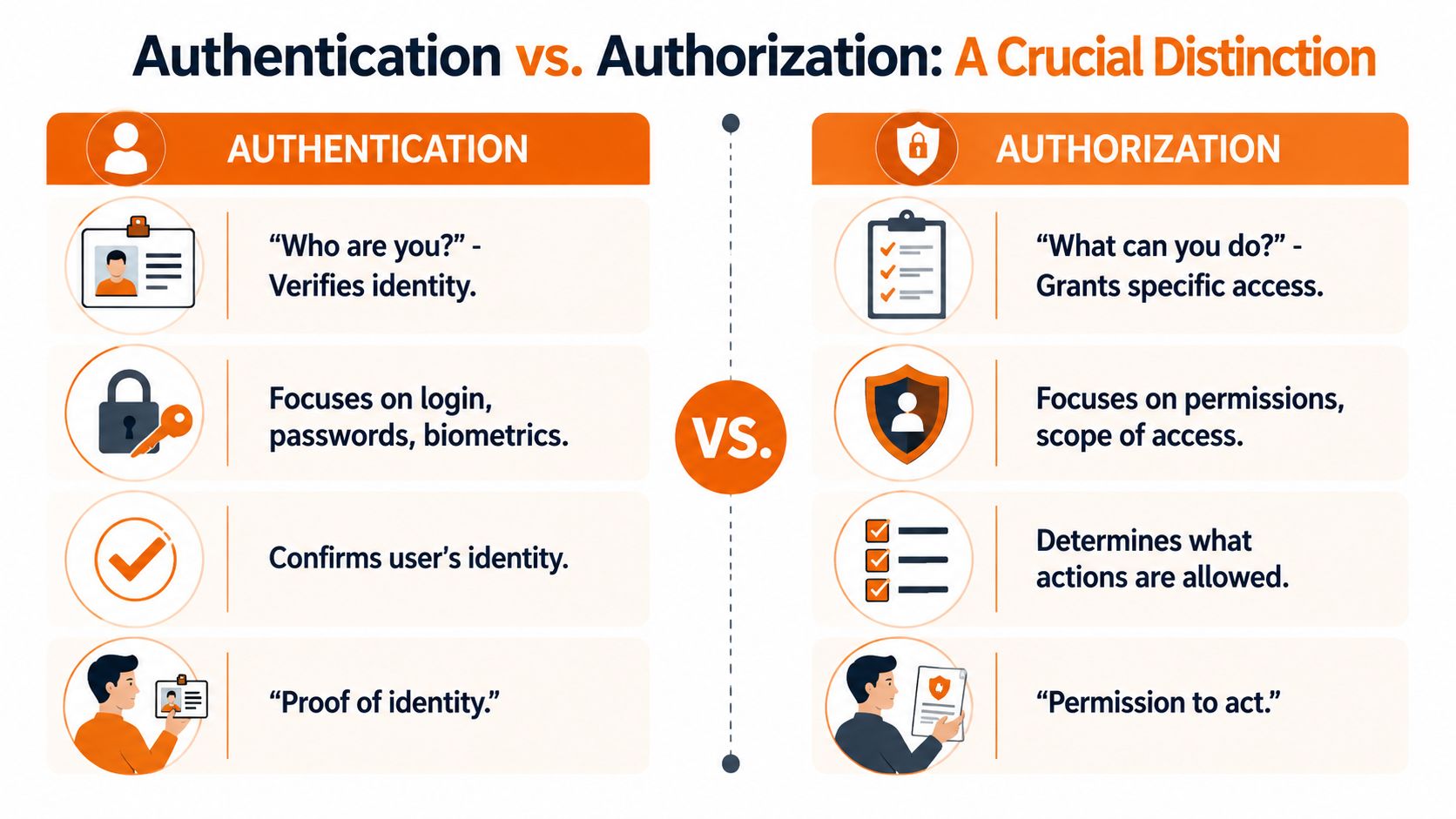A comparison chart explaining the differences between authentication and authorization concepts for cybersecurity systems.