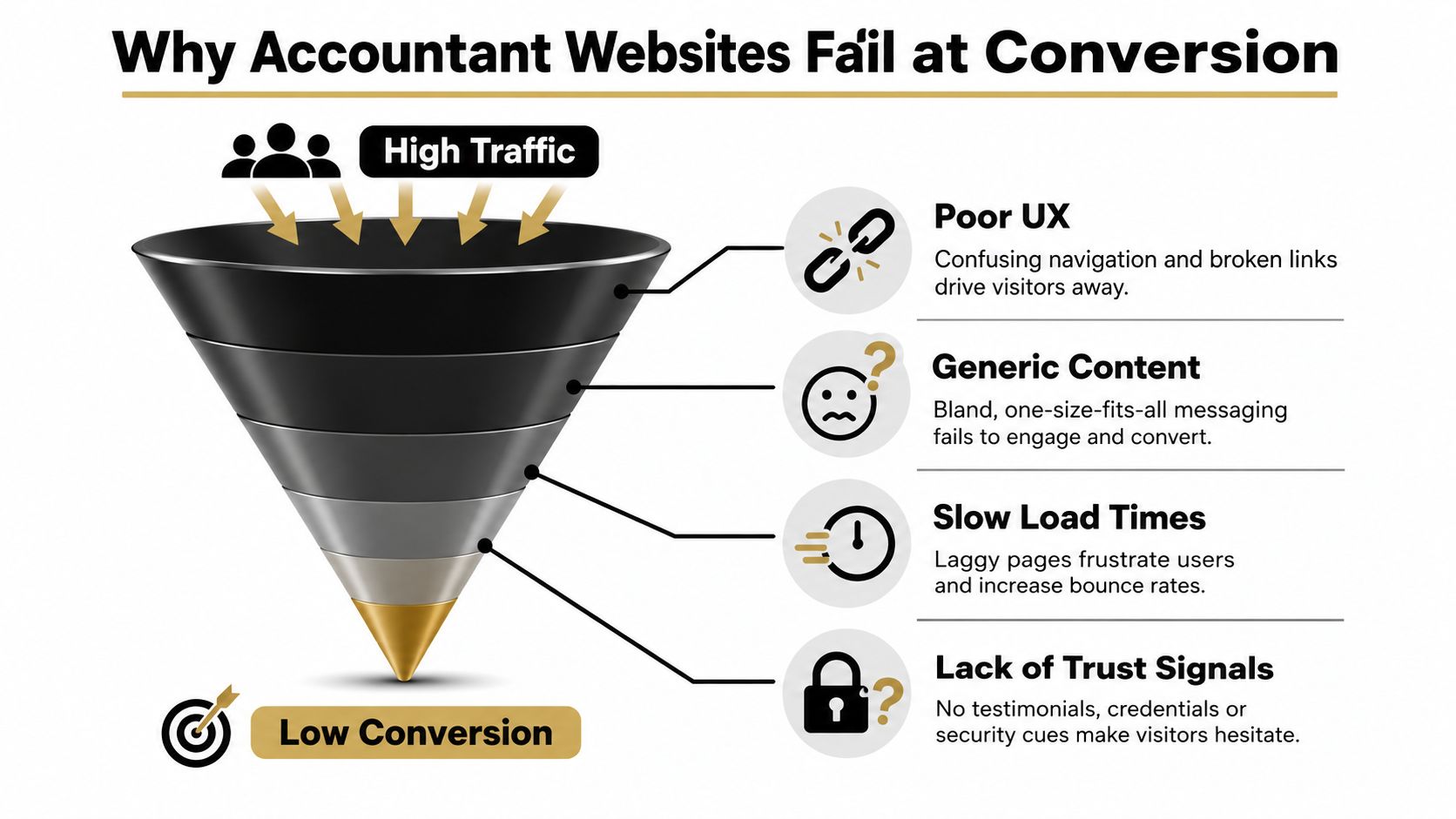 A funnel diagram illustrating common reasons why accountant websites fail to convert visitors into clients.