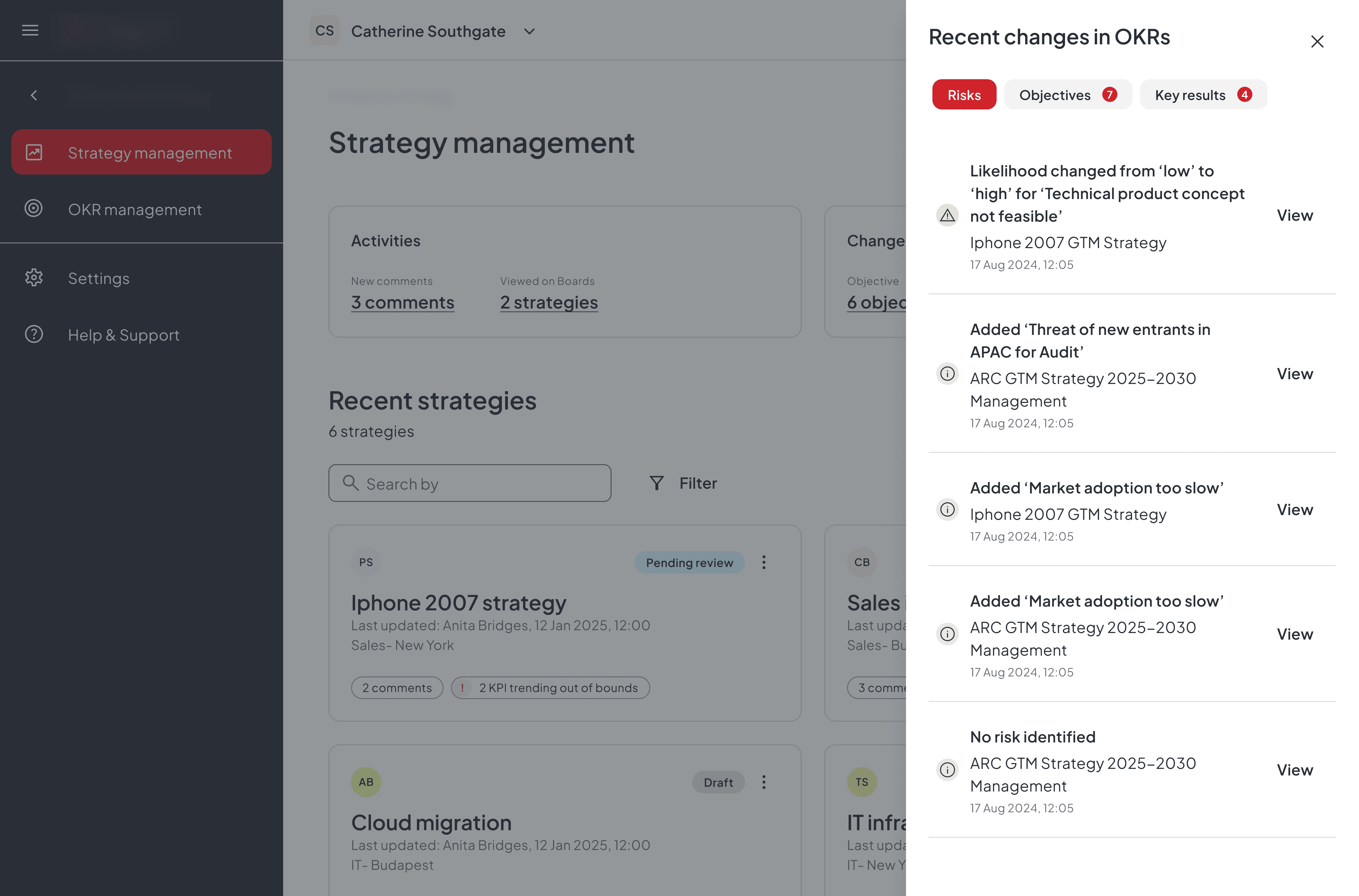 Strategy management app homepage screenshot