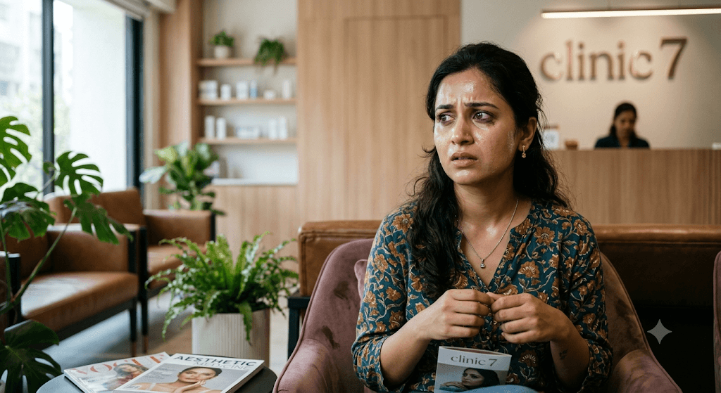 high-resolution, candid portrait of an Indian woman looking subtly distressed in a modern aesthetic clinic waiting room. Diffused natural light catches the high points of her face—cheeks, forehead, and chin—revealing significant shininess. Her makeup appears slightly greasy and separated due to underlying oiliness. The background is a gently blurred premium clinic interior.