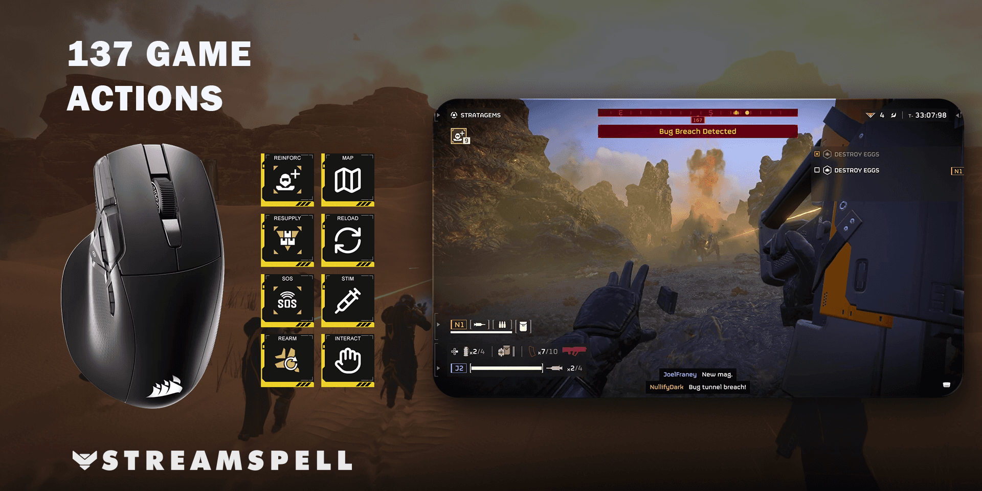 Helldivers 2 gameplay beside NIGHTSWORD mouse controls and matching command artwork