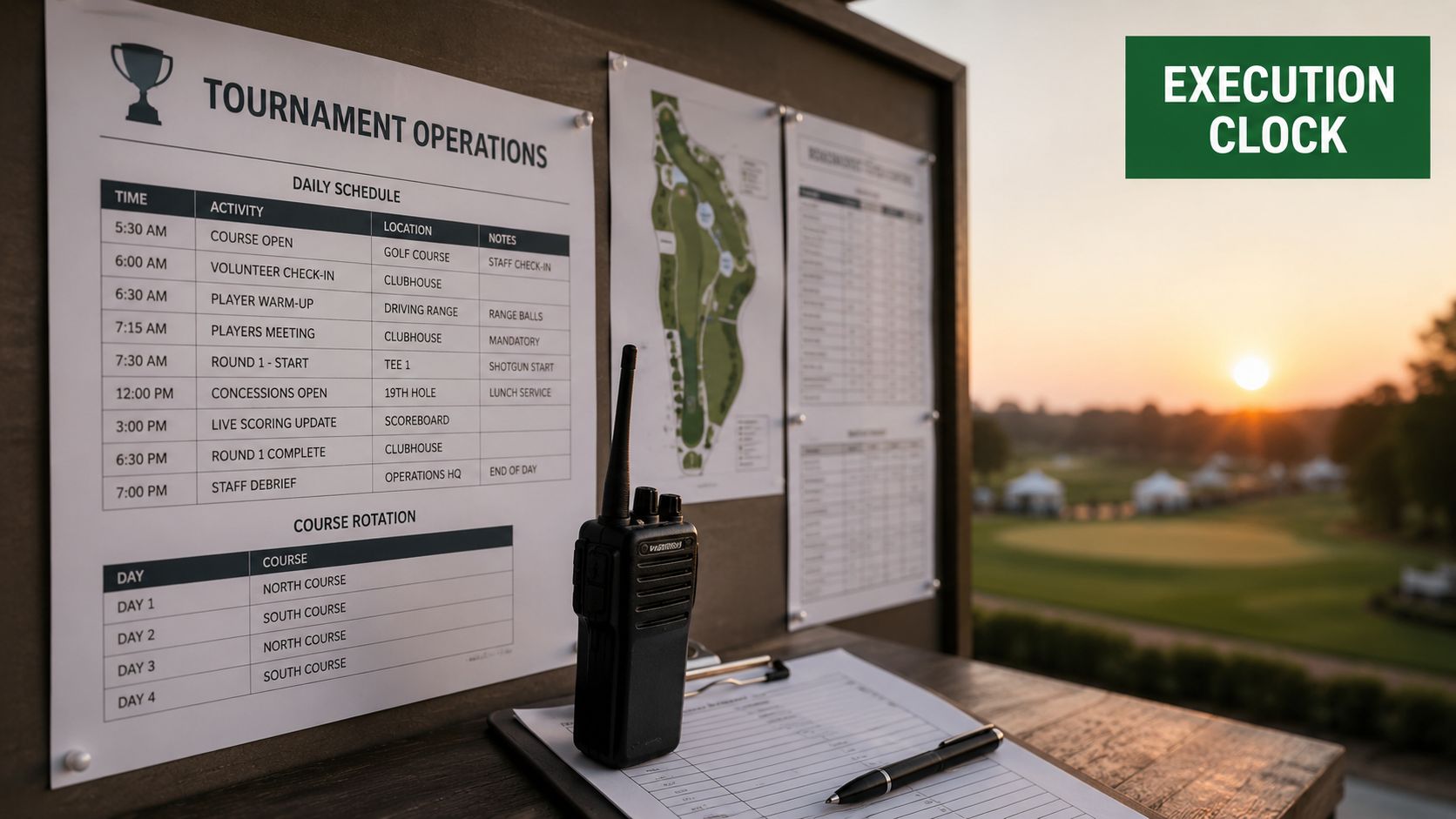 A clipboard with a golf tournament schedule and a walkie talkie on a table at sunset.