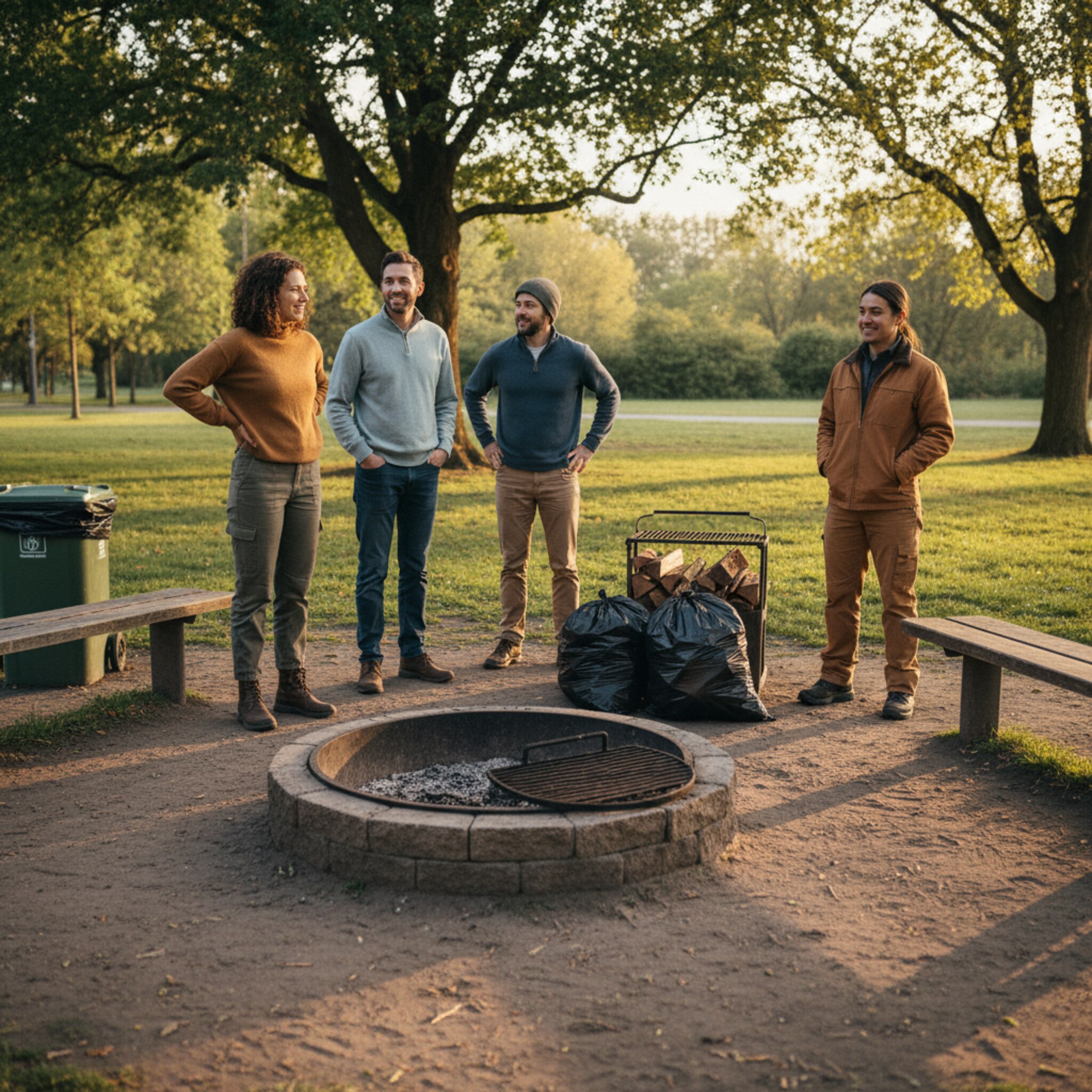 Am Ende einer Nutzung steht eine Gruppe neben einer gereinigten Feuerstelle, ordentlich gestapelte Holzreste und leere Müllsäcke liegen bereit. Ein Mitarbeiter nickt zufrieden, der Platz wirkt makellos. Warmes Abendlicht unterstreicht einen klaren Abschluss und Ordnung.